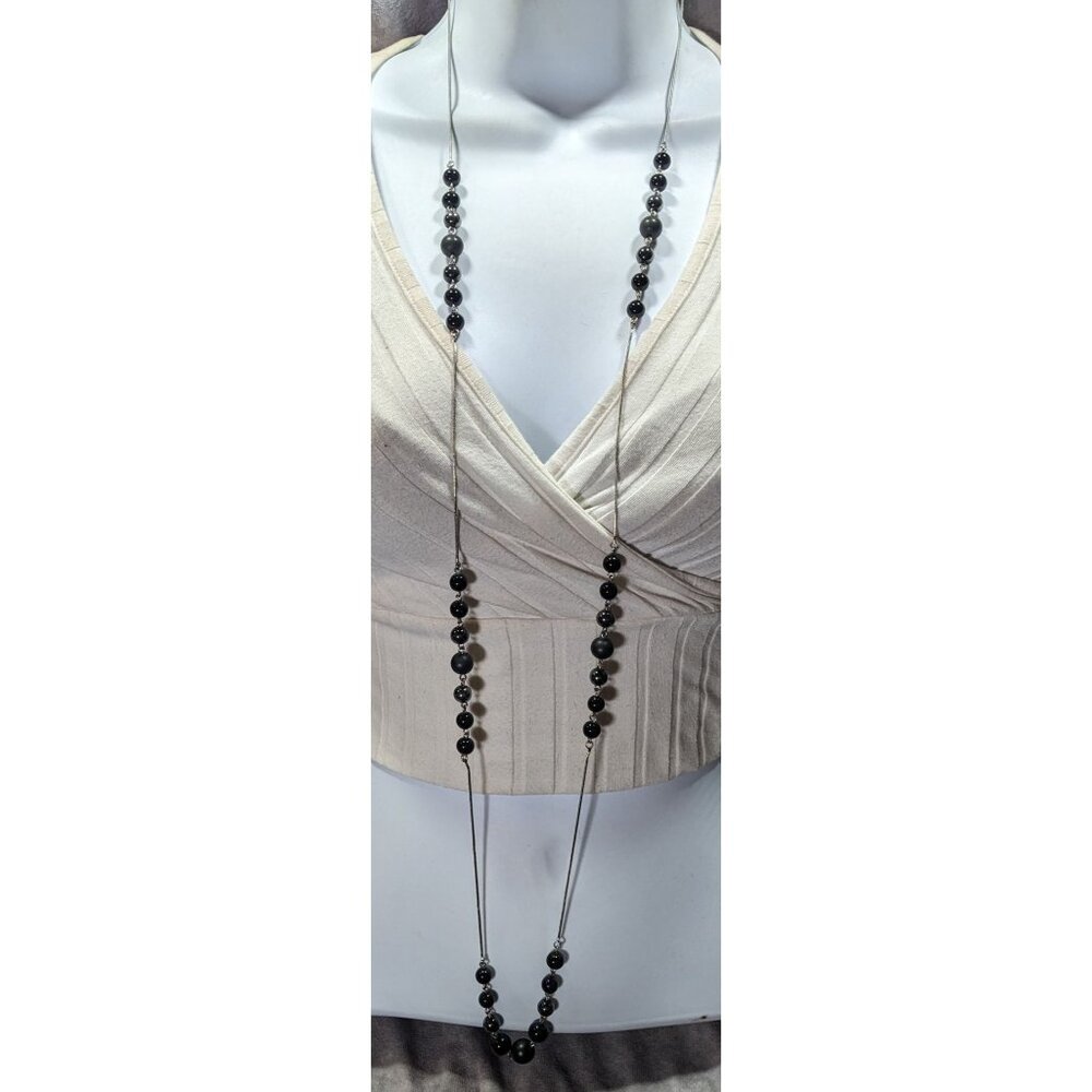 Elegant Opera Station Necklace Black Beads On Silver Tone Snake Chain